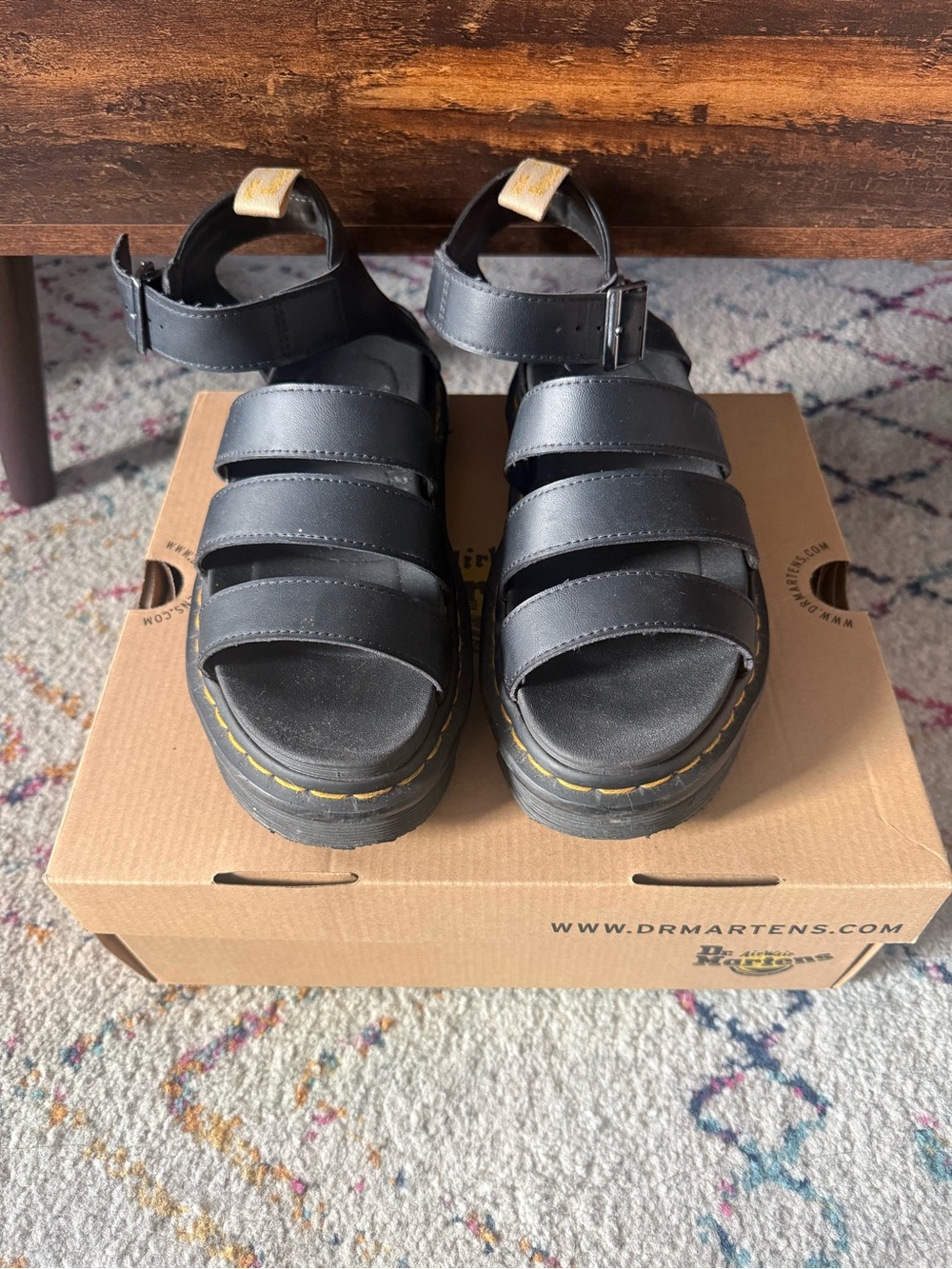 Dr. Martens Black Triple-Strap Platform Sandals with Yellow Stitching